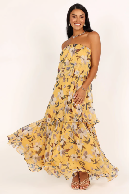 Elegant Floral Maxi Dress for Women with Strapless Tiered Ruffle Skirt Formal Wedding Guest Style