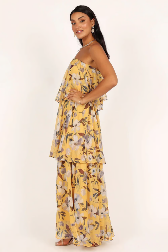 Elegant Floral Maxi Dress for Women with Strapless Tiered Ruffle Skirt Formal Wedding Guest Style