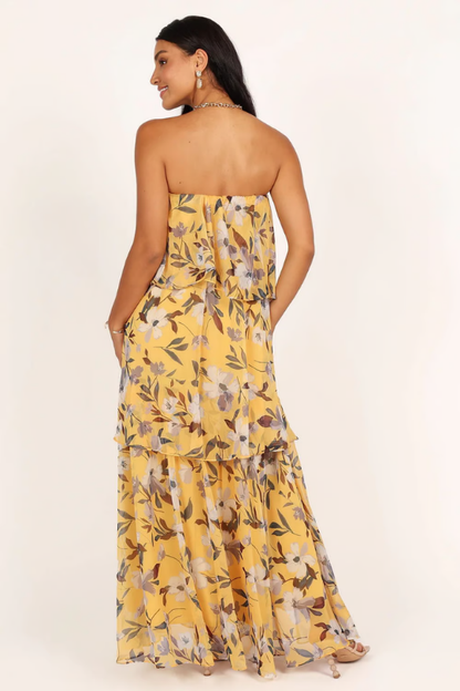 Elegant Floral Maxi Dress for Women with Strapless Tiered Ruffle Skirt Formal Wedding Guest Style
