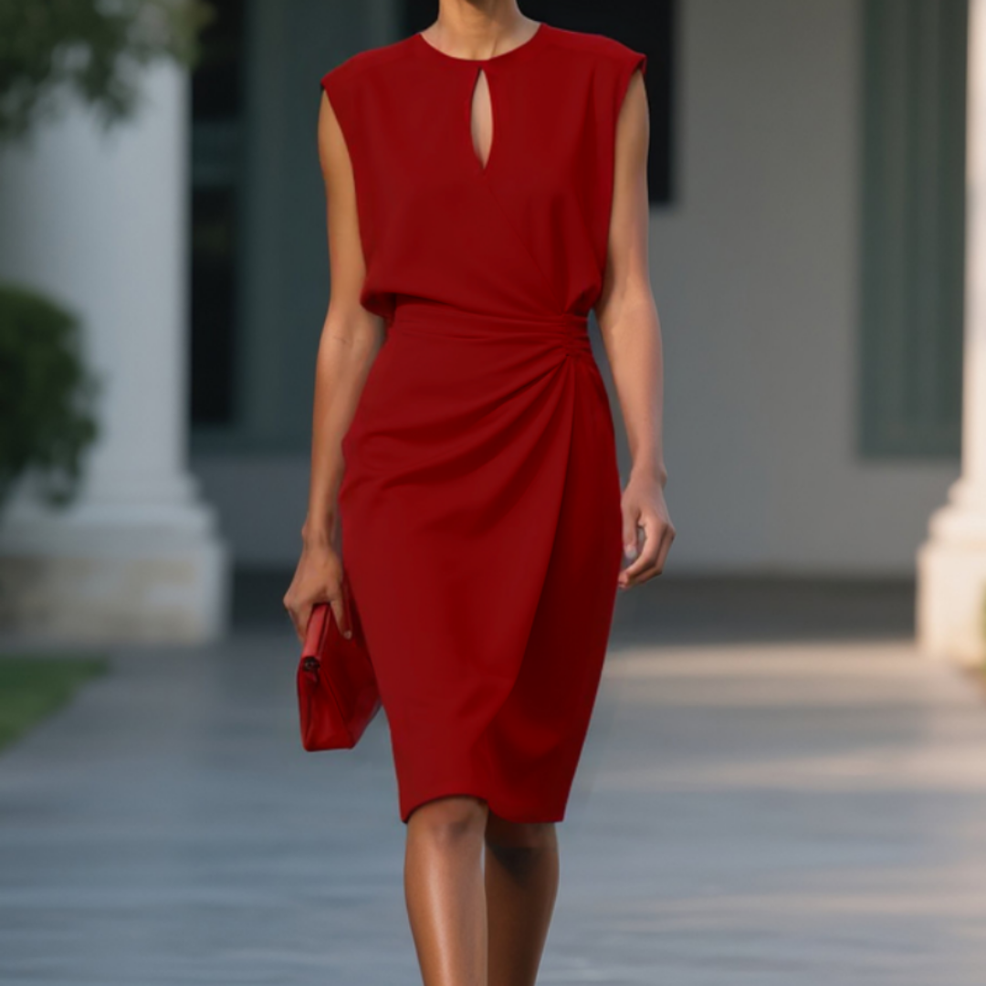 Elegant Cocktail Dress for Women with Keyhole Neck Cap Sleeve Ruched Waist