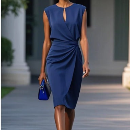 Elegant Cocktail Dress for Women with Keyhole Neck Cap Sleeve Ruched Waist