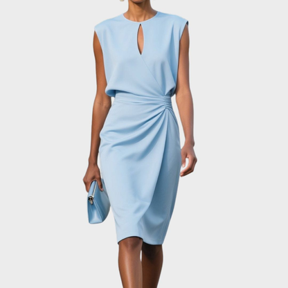 Elegant Cocktail Dress for Women with Keyhole Neck Cap Sleeve Ruched Waist