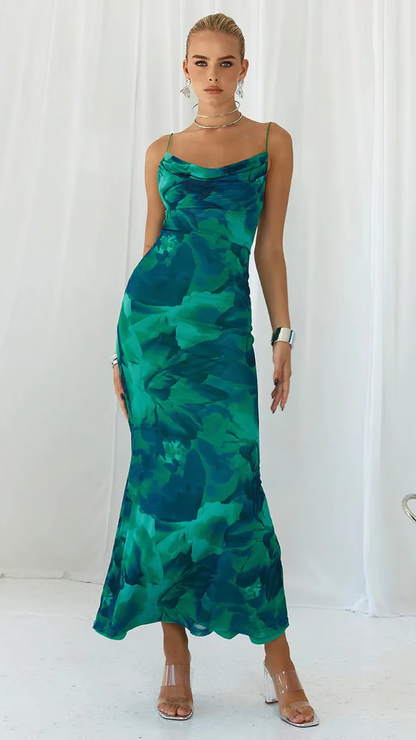 Elegant Emerald Green Floral Maxi Dress for Women with Cowl Neck Slip Silhouette Formal Wedding Guest Style
