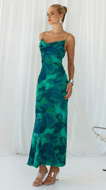 Elegant Emerald Green Floral Maxi Dress for Women with Cowl Neck Slip Silhouette Formal Wedding Guest Style