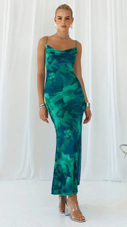 Elegant Emerald Green Floral Maxi Dress for Women with Cowl Neck Slip Silhouette Formal Wedding Guest Style