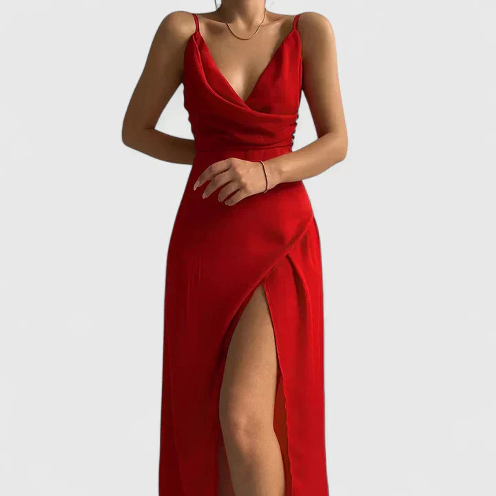 Elegant Satin Maxi Dress for Women with Cowl Neck Spaghetti Strap High Slit Formal Wedding Guest Style