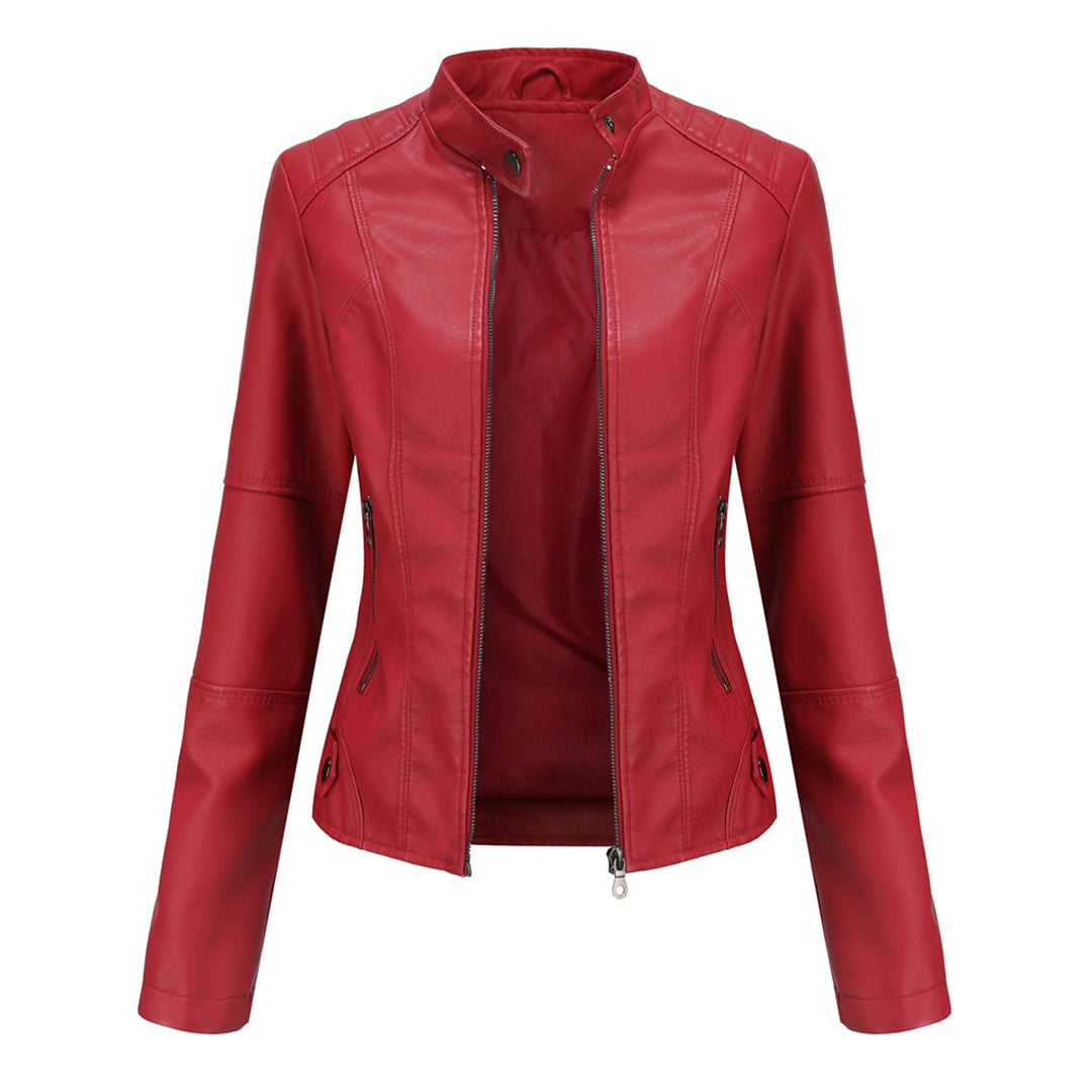 Elegant Faux Leather Moto Jacket for Women with Stand Collar Long Sleeve Zip Front Fitted Style