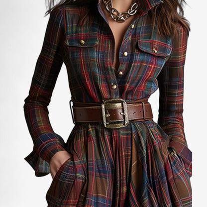 Elegant Plaid Maxi Shirt Dress for Women with Collar Long Sleeve Belted Flowing Style