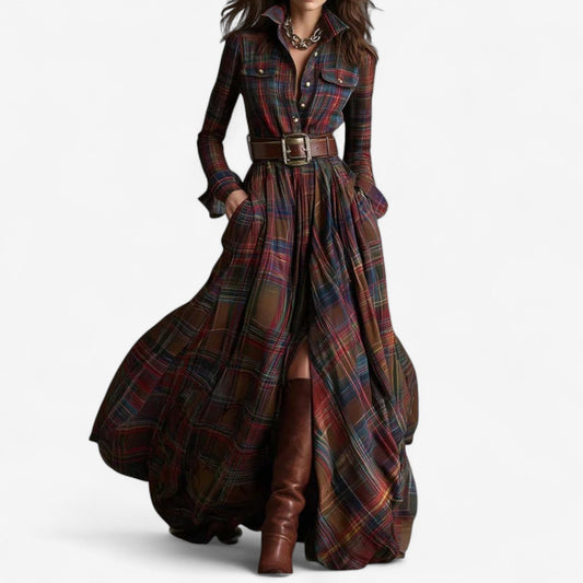 Elegant Plaid Maxi Shirt Dress for Women with Collar Long Sleeve Belted Flowing Style