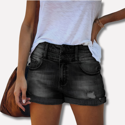 Effortless Blue Distressed Denim Shorts for Women with High Waisted Cuffed Hem Casual Style