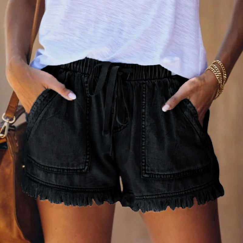 Effortless Frayed Denim Shorts for Women with High Waist Drawstring Patch Pocket Casual Style