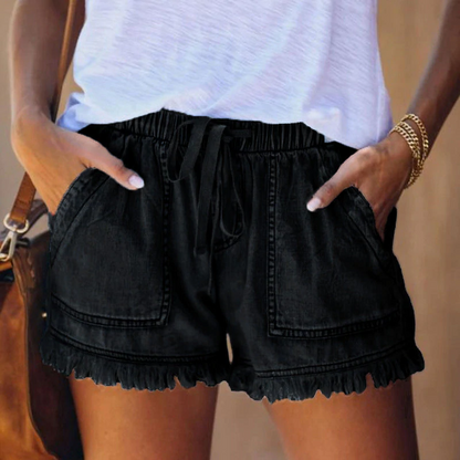 Effortless Frayed Denim Shorts for Women with High Waist Drawstring Patch Pocket Casual Style