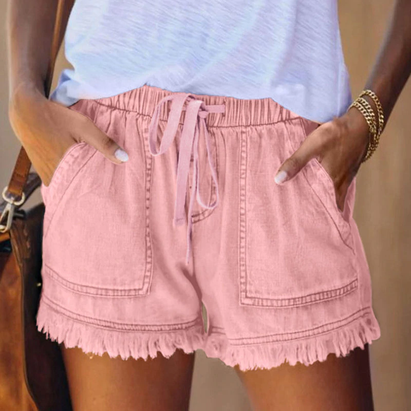 Effortless Frayed Denim Shorts for Women with High Waist Drawstring Patch Pocket Casual Style
