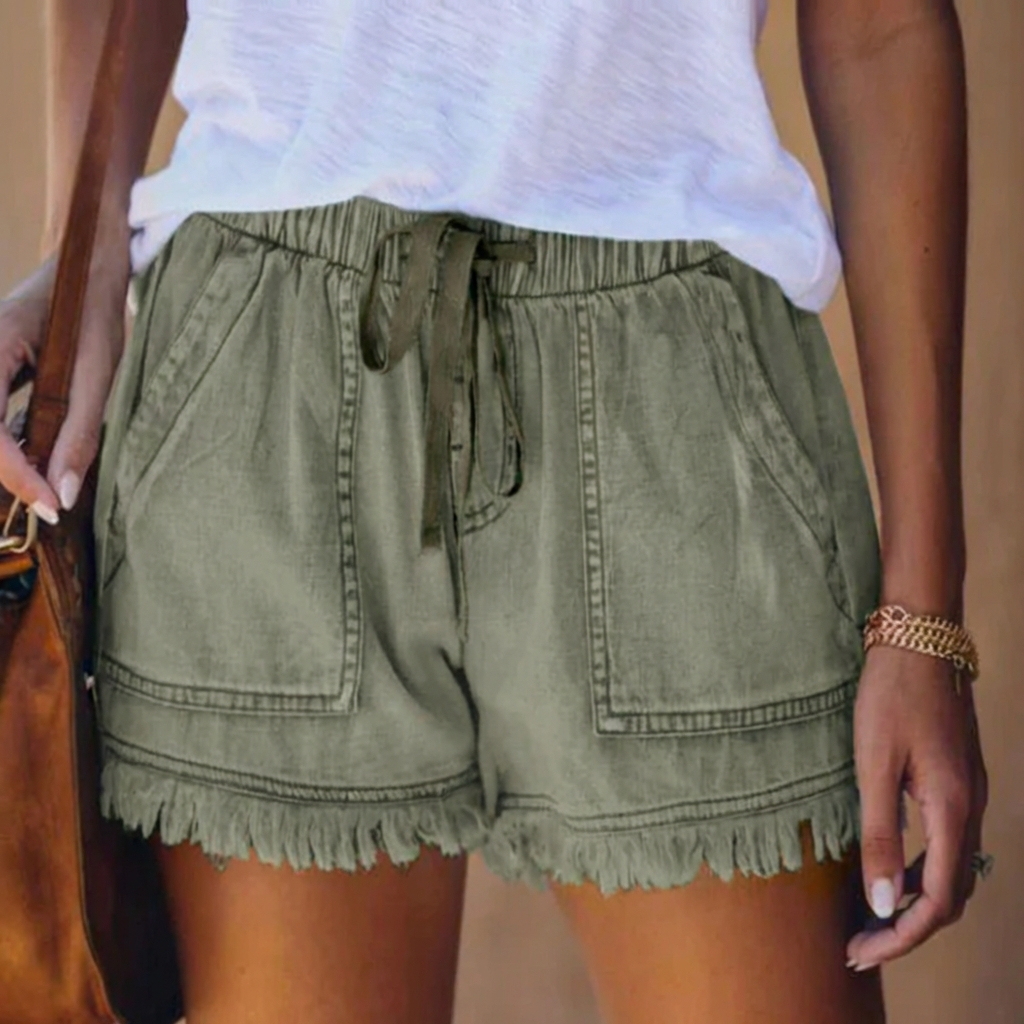 Effortless Frayed Denim Shorts for Women with High Waist Drawstring Patch Pocket Casual Style