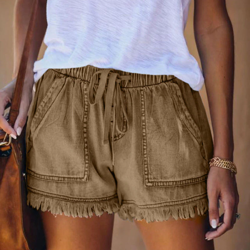 Effortless Frayed Denim Shorts for Women with High Waist Drawstring Patch Pocket Casual Style