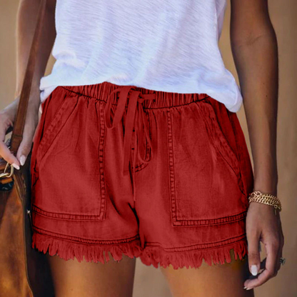 Effortless Frayed Denim Shorts for Women with High Waist Drawstring Patch Pocket Casual Style