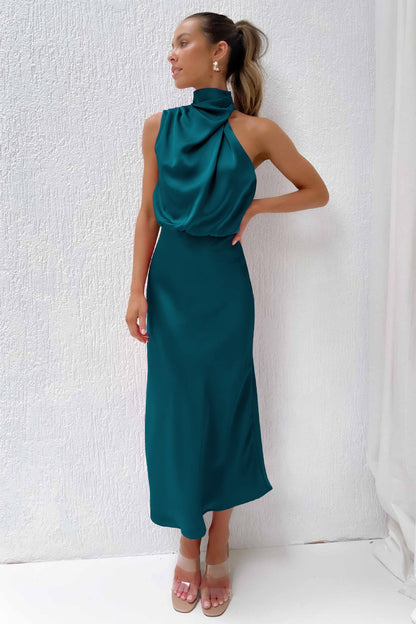 Elegant Satin Maxi Dress for Women with Halter Neck Blouson Bodice Sleeveless Formal Wedding Guest Style