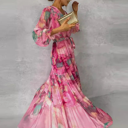 Effortless Pink Tie Dye Maxi Dress for Women with V Neck Bell Sleeve Tiered Ruffle Flowing Bohemian Style