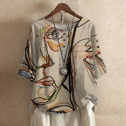 Effortless Patchwork Print Blouse for Women with Round Neck Half Sleeve Relaxed Boho Style