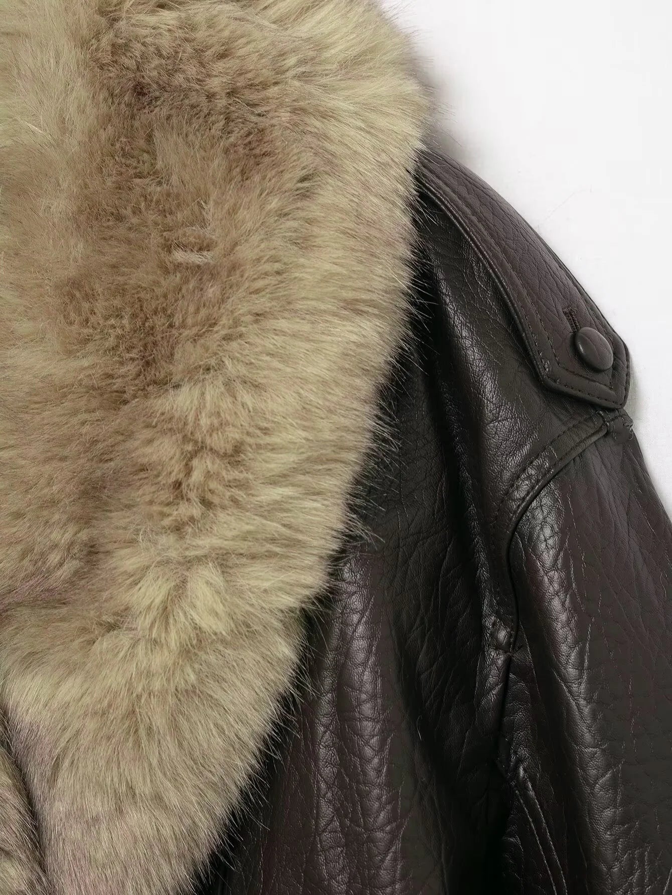 Effortless Leather Bomber Jacket for Women with Fur Collar Long Sleeve Oversized Snap Button Style