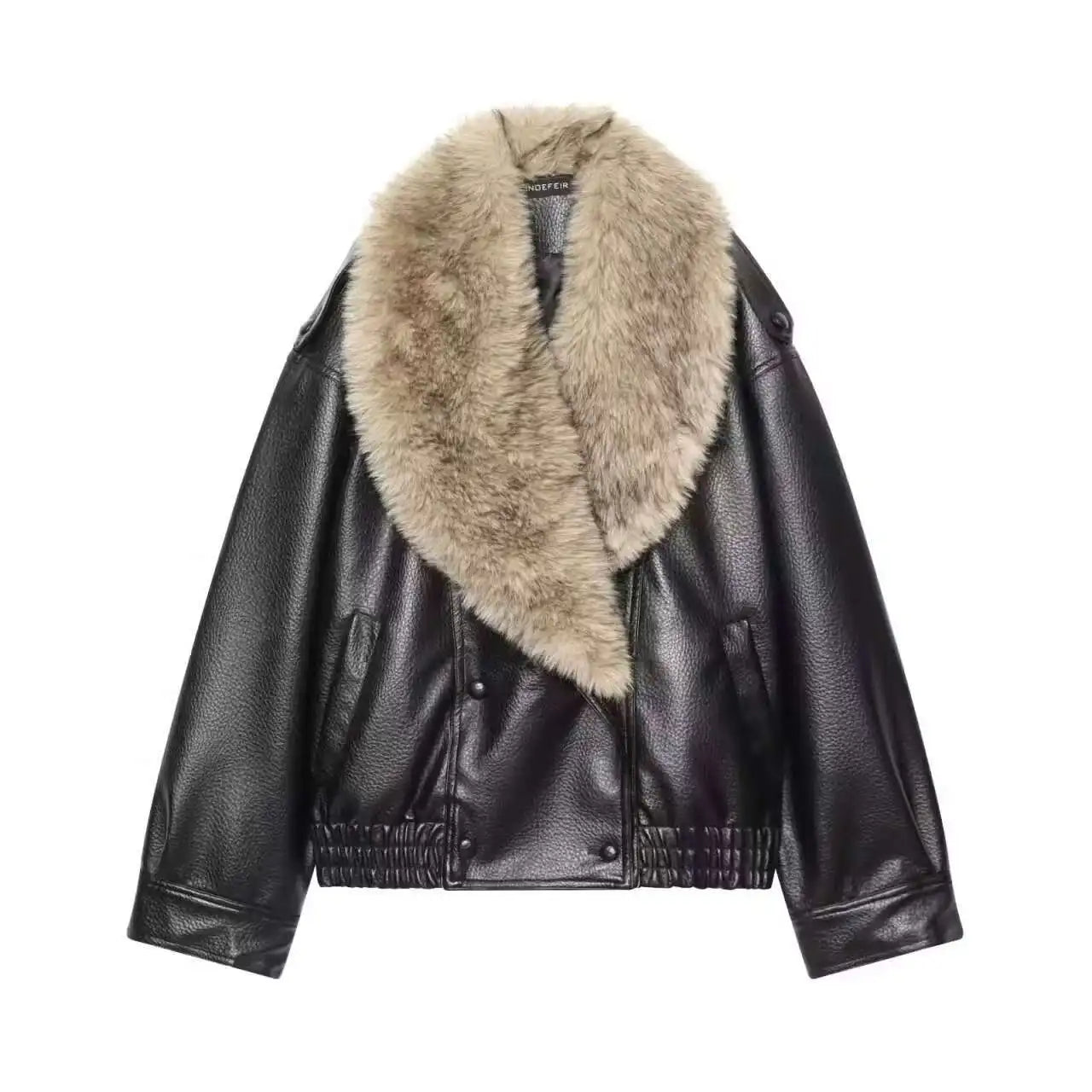 Effortless Leather Bomber Jacket for Women with Fur Collar Long Sleeve Oversized Snap Button Style