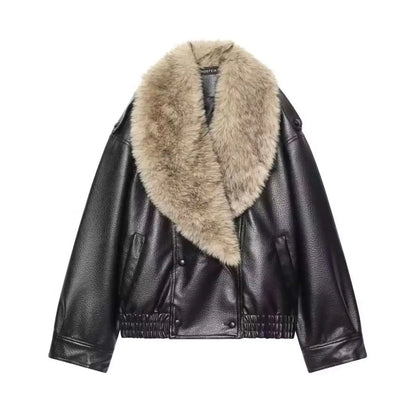 Effortless Leather Bomber Jacket for Women with Fur Collar Long Sleeve Oversized Snap Button Style