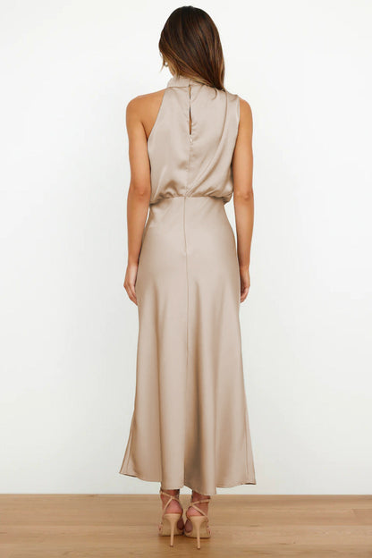 Elegant Satin Maxi Dress for Women with Halter Neck Blouson Bodice Sleeveless Formal Wedding Guest Style