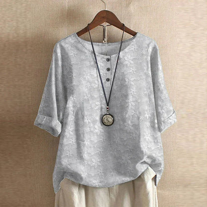 Effortless Patchwork Print Blouse for Women with Round Neck Half Sleeve Relaxed Boho Style