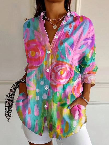 Effortless Floral Print Blouse for Women with V Neck Long Sleeve Button Front Relaxed Casual Style