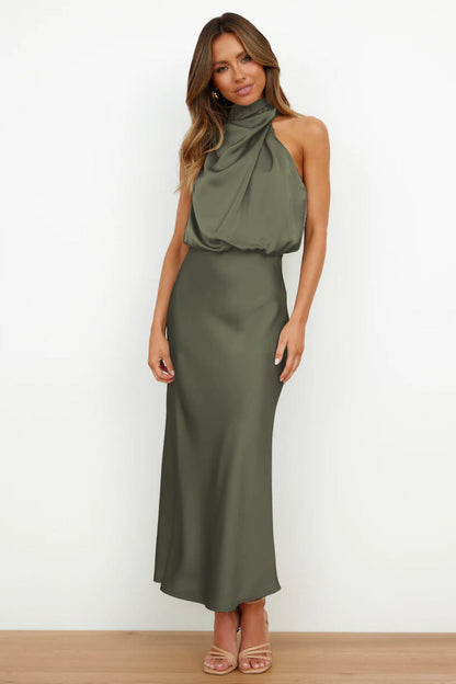 Elegant Satin Maxi Dress for Women with Halter Neck Blouson Bodice Sleeveless Formal Wedding Guest Style