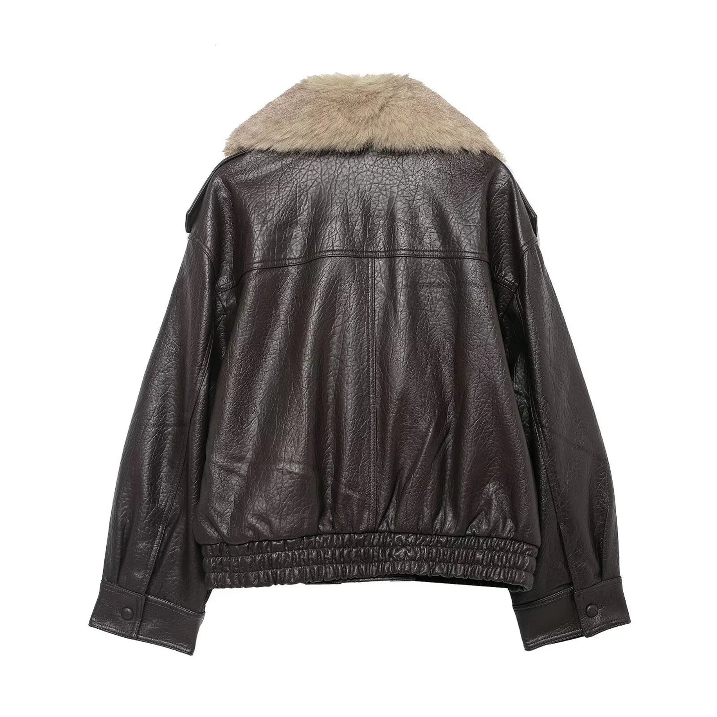 Effortless Leather Bomber Jacket for Women with Fur Collar Long Sleeve Oversized Snap Button Style