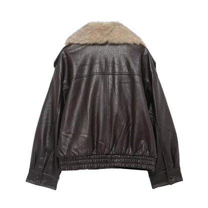 Effortless Leather Bomber Jacket for Women with Fur Collar Long Sleeve Oversized Snap Button Style
