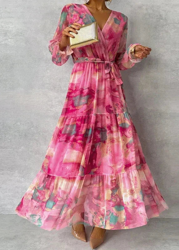 Effortless Pink Tie Dye Maxi Dress for Women with V Neck Bell Sleeve Tiered Ruffle Flowing Bohemian Style