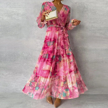 Effortless Pink Tie Dye Maxi Dress for Women with V Neck Bell Sleeve Tiered Ruffle Flowing Bohemian Style
