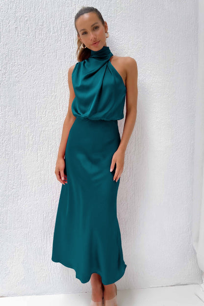 Elegant Satin Maxi Dress for Women with Halter Neck Blouson Bodice Sleeveless Formal Wedding Guest Style