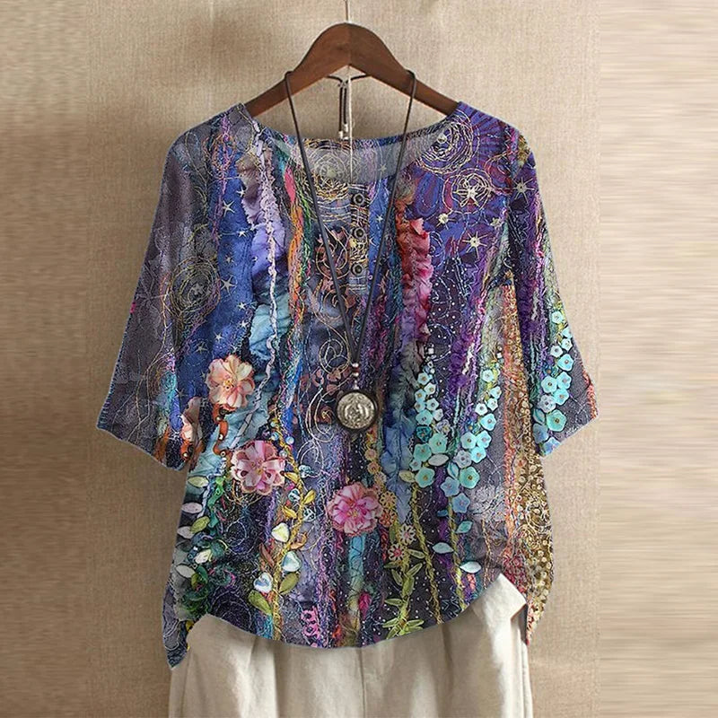 Effortless Patchwork Print Blouse for Women with Round Neck Half Sleeve Relaxed Boho Style