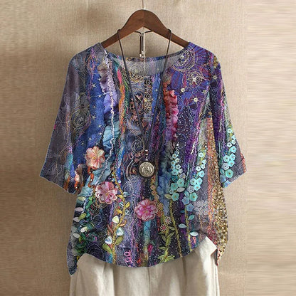 Effortless Patchwork Print Blouse for Women with Round Neck Half Sleeve Relaxed Boho Style
