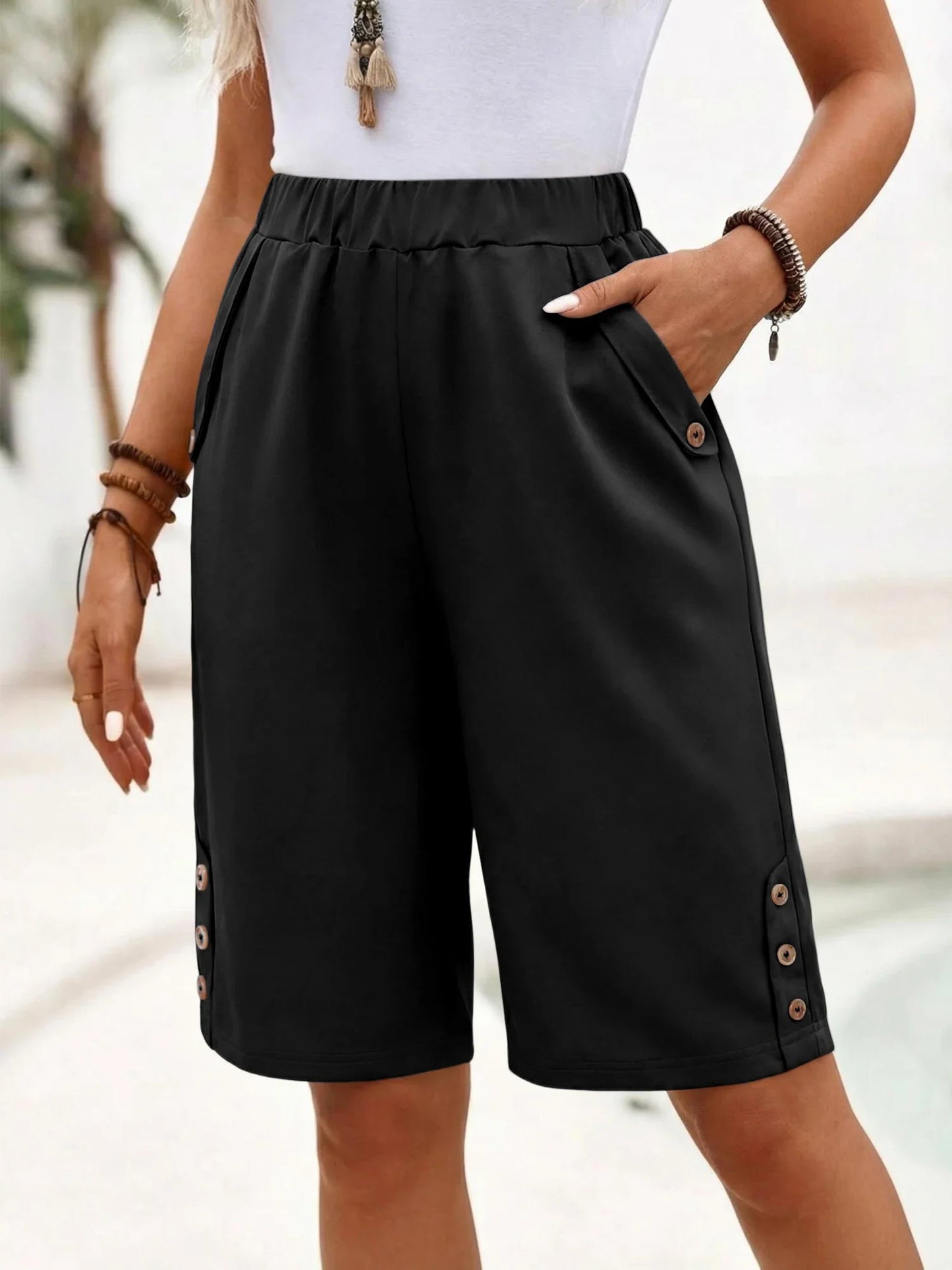 Effortless Black Bermuda Shorts for Women with High Waist Button Trim Relaxed Casual Style