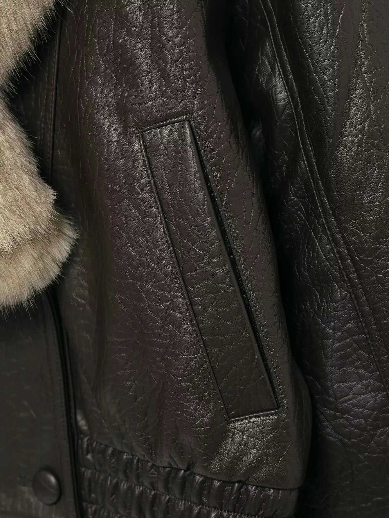 Effortless Leather Bomber Jacket for Women with Fur Collar Long Sleeve Oversized Snap Button Style