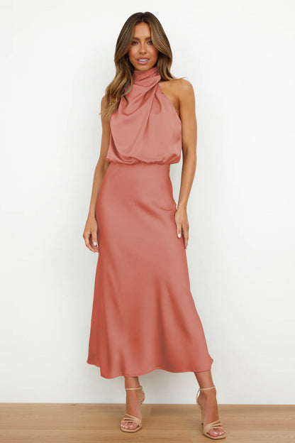 Elegant Satin Maxi Dress for Women with Halter Neck Blouson Bodice Sleeveless Formal Wedding Guest Style