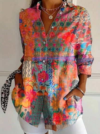 Effortless Floral Print Blouse for Women with V Neck Long Sleeve Button Front Relaxed Casual Style