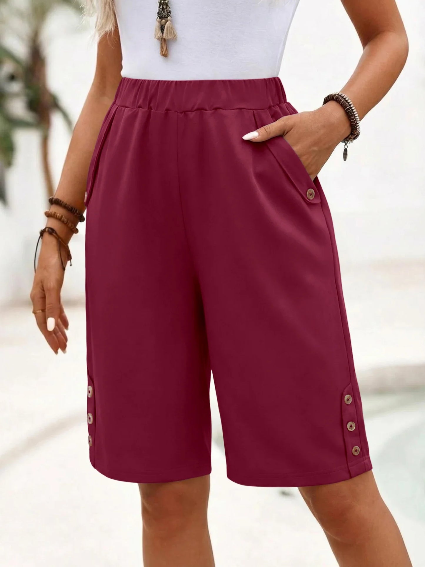 Effortless Black Bermuda Shorts for Women with High Waist Button Trim Relaxed Casual Style