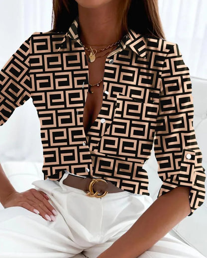 Effortless Abstract Print Blouse for Women with Collar Long Sleeve Button Front Relaxed Silky Style