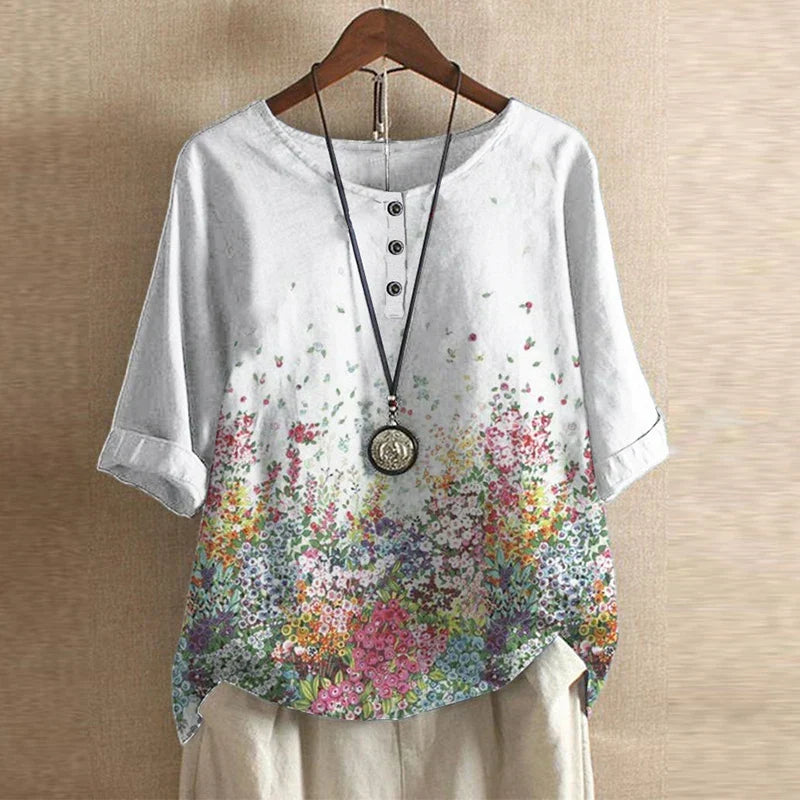 Effortless Patchwork Print Blouse for Women with Round Neck Half Sleeve Relaxed Boho Style
