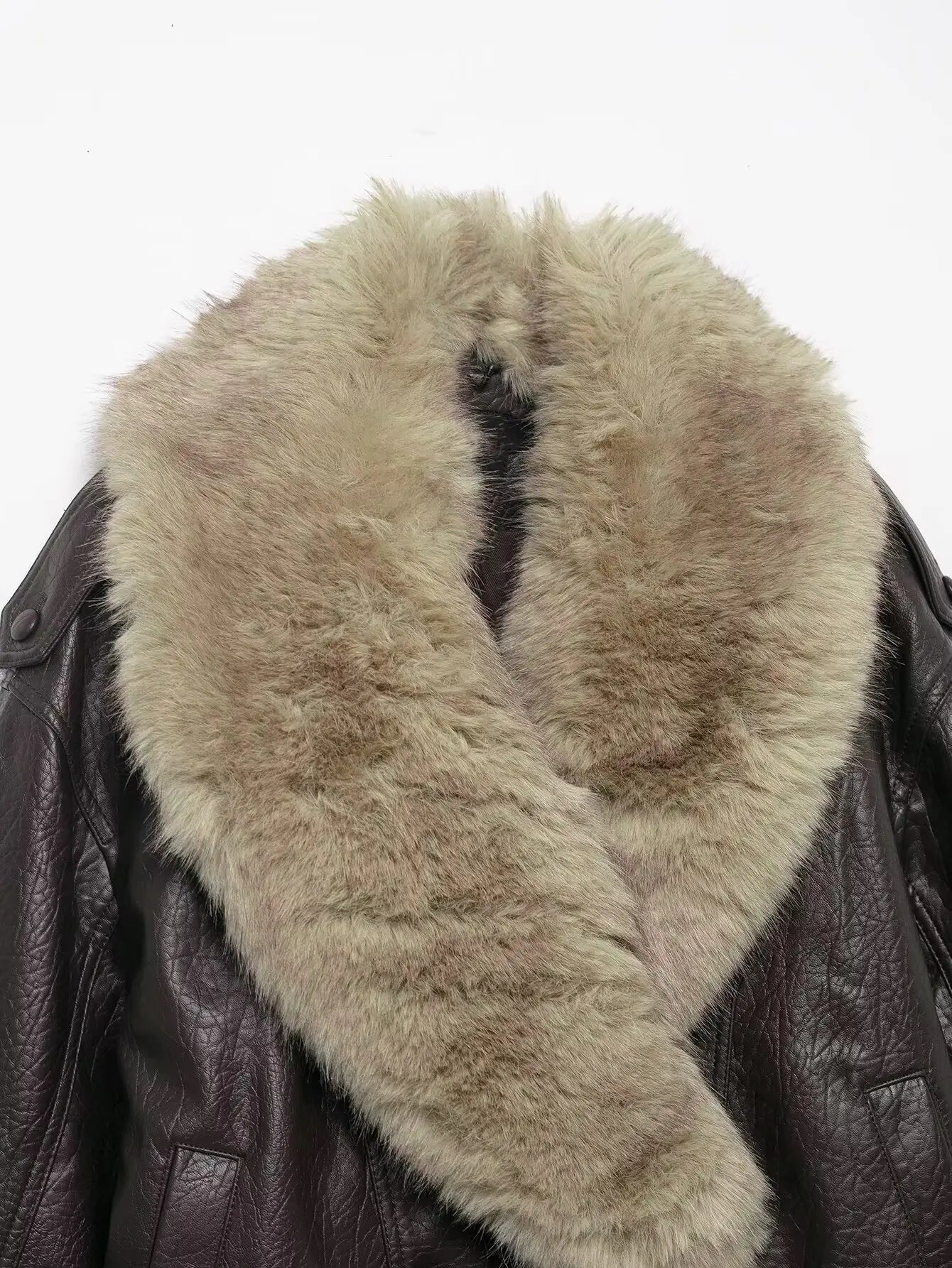 Effortless Leather Bomber Jacket for Women with Fur Collar Long Sleeve Oversized Snap Button Style