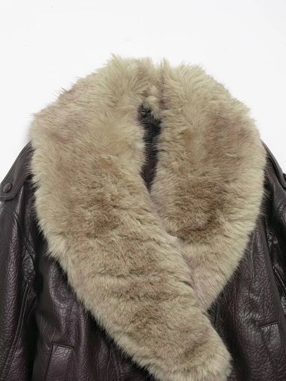 Effortless Leather Bomber Jacket for Women with Fur Collar Long Sleeve Oversized Snap Button Style