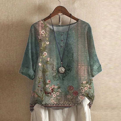Effortless Patchwork Print Blouse for Women with Round Neck Half Sleeve Relaxed Boho Style