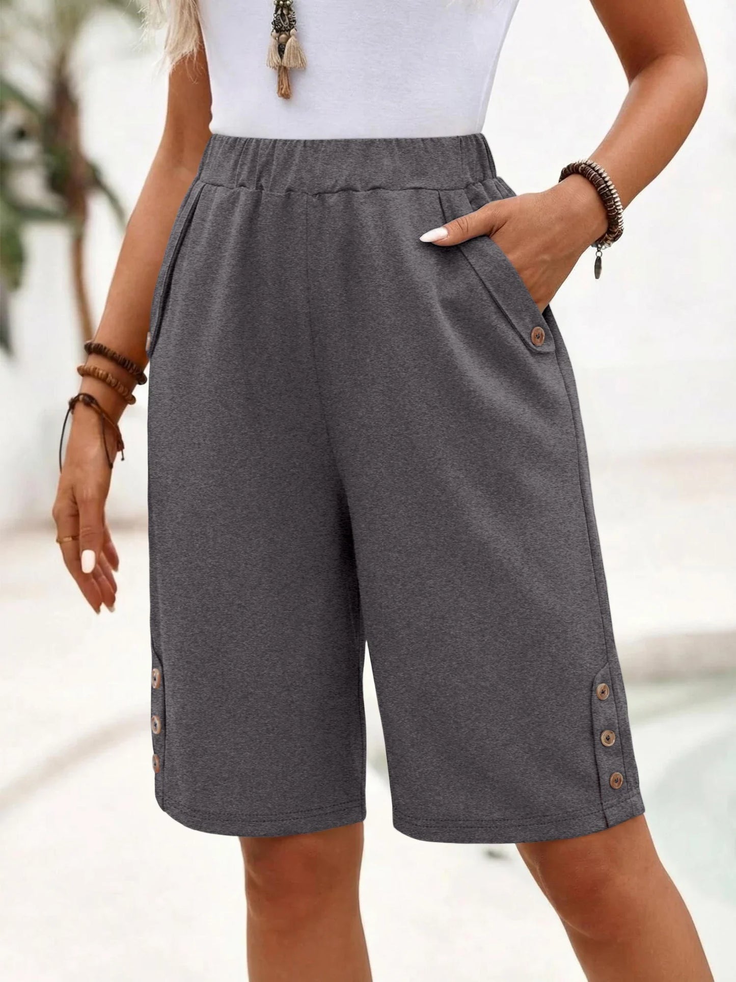 Effortless Black Bermuda Shorts for Women with High Waist Button Trim Relaxed Casual Style