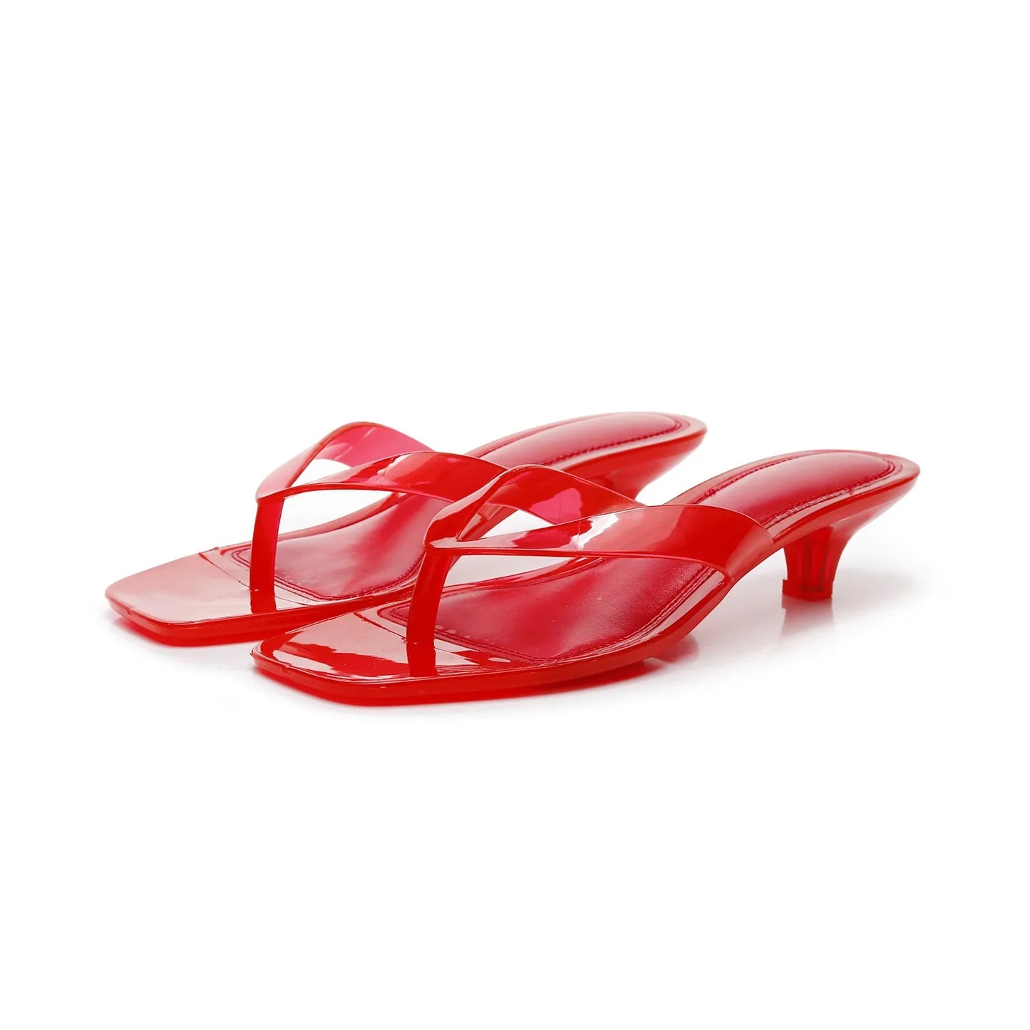 Stylish Patent Thong Sandal for Women with Square Toe Kitten Heel Slip On Style