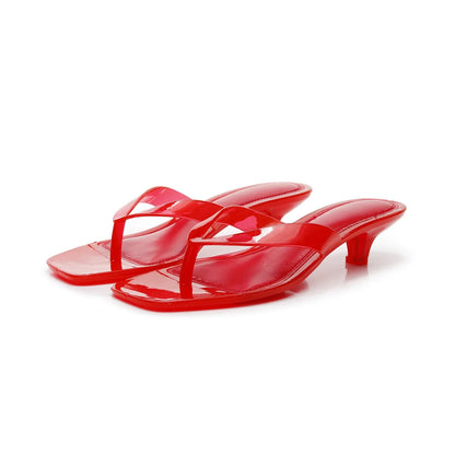 Stylish Patent Thong Sandal for Women with Square Toe Kitten Heel Slip On Style